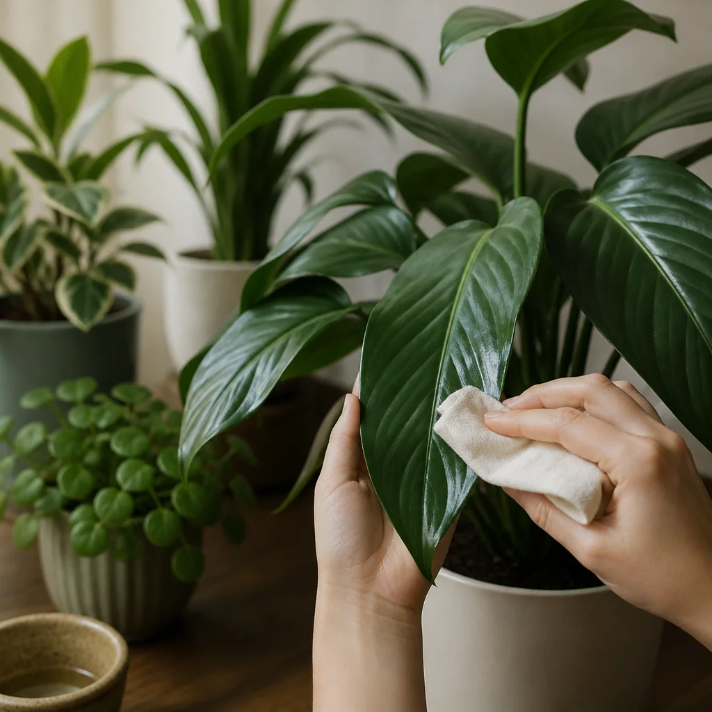 Foglie di piante da interno pulite delicatamente in un ambiente interno con luce soffusa