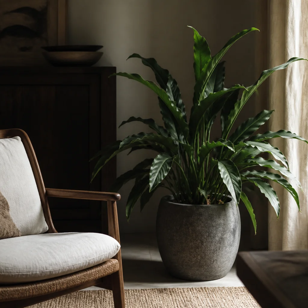 Cast iron plant in a floor pot beside a chair in a dim living room corner