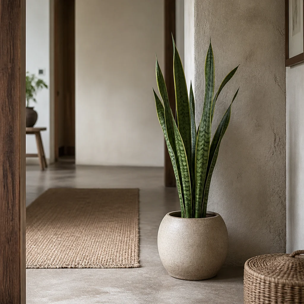 Tall snake plant in a ceramic pot in a narrow shaded hallway