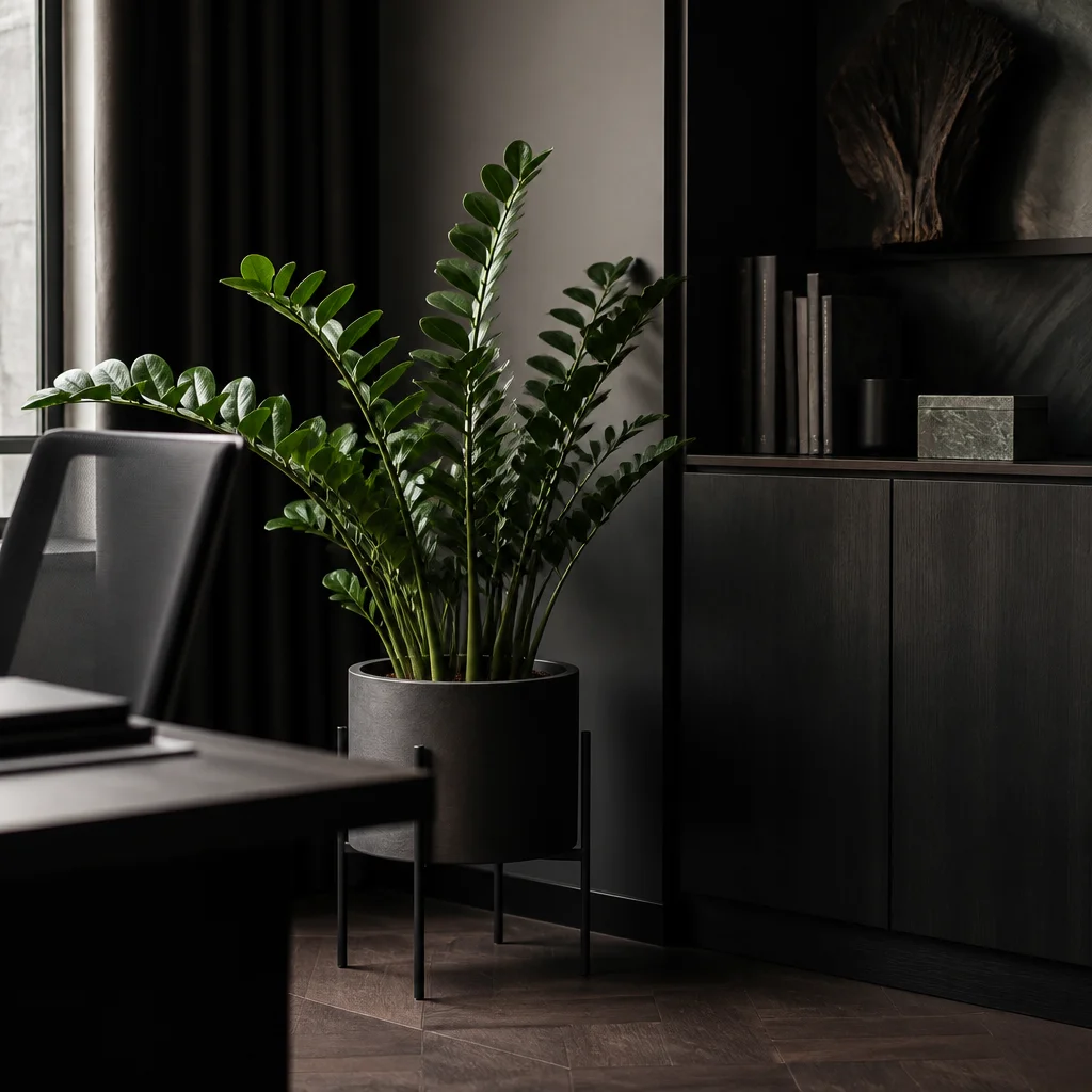 Glossy ZZ plant on a stand near dark cabinetry in a low-light office corner