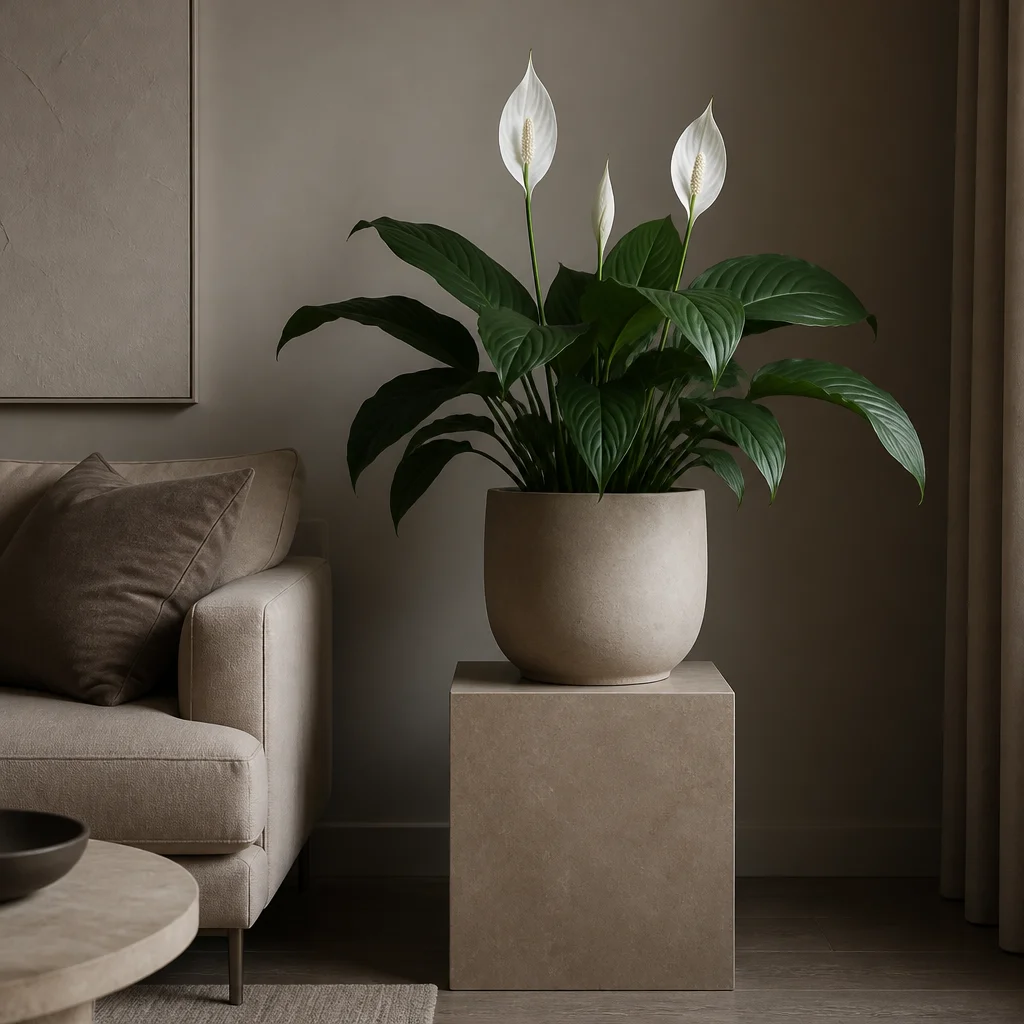 Peace lily on a pedestal beside clean-lined furniture in a subdued room