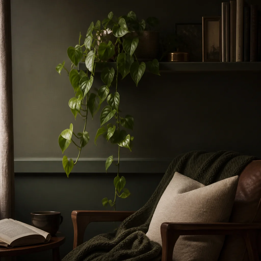 Heartleaf philodendron trailing from a high shelf in a dim reading nook