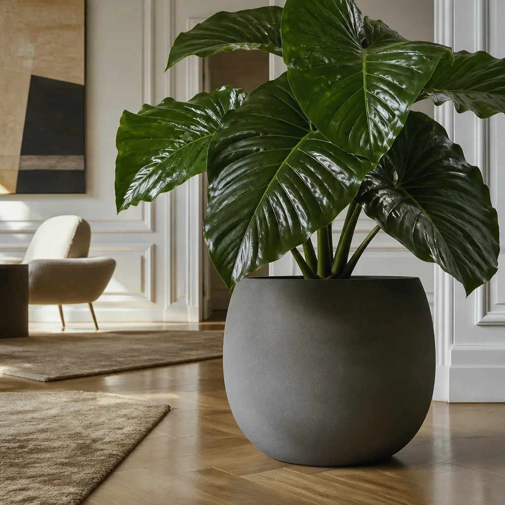 Glossy large leaves paired with a matte planter