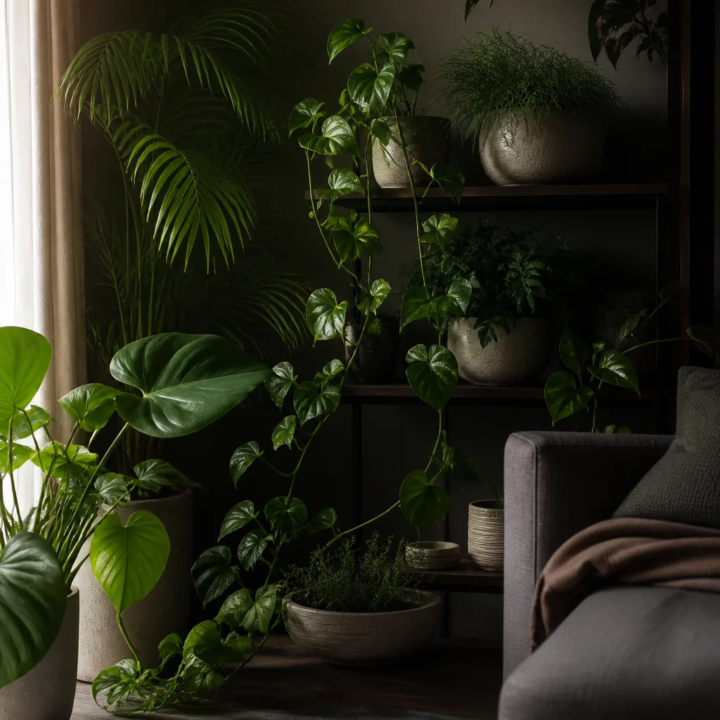 Pothos layered with other houseplants on shelves and floor in a shaded corner