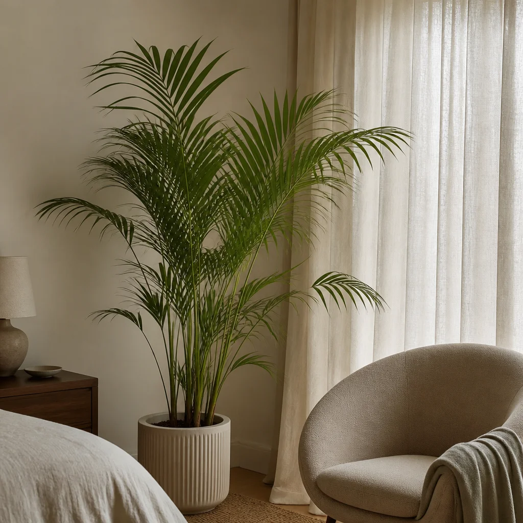 Parlor palm in a quiet bedroom corner with soft curtains and a curved chair