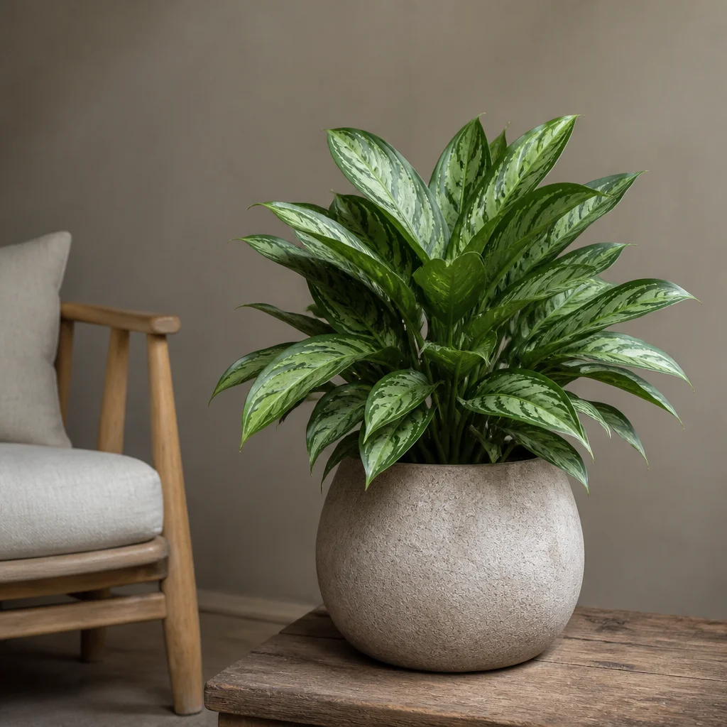 Chinese evergreen with patterned leaves in a simple low-light room