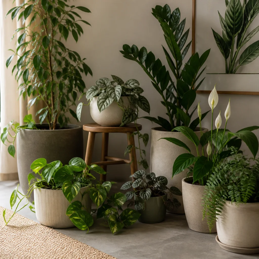 Mixed low-light plant grouping with upright, rounded, and trailing forms