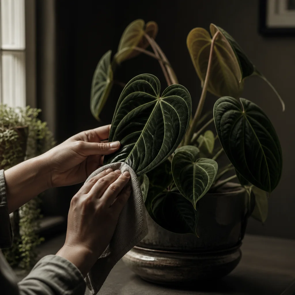 Hands cleaning dusty leaves of a houseplant near a softly lit window