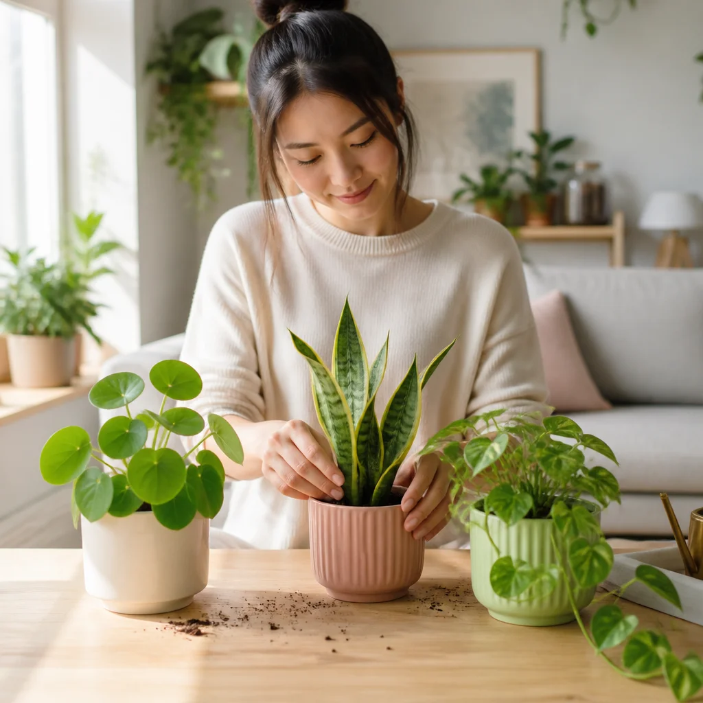 Petit groupe de plantes d’intérieur faciles pour débuter disposé sur une table en bois dans un salon lumineux