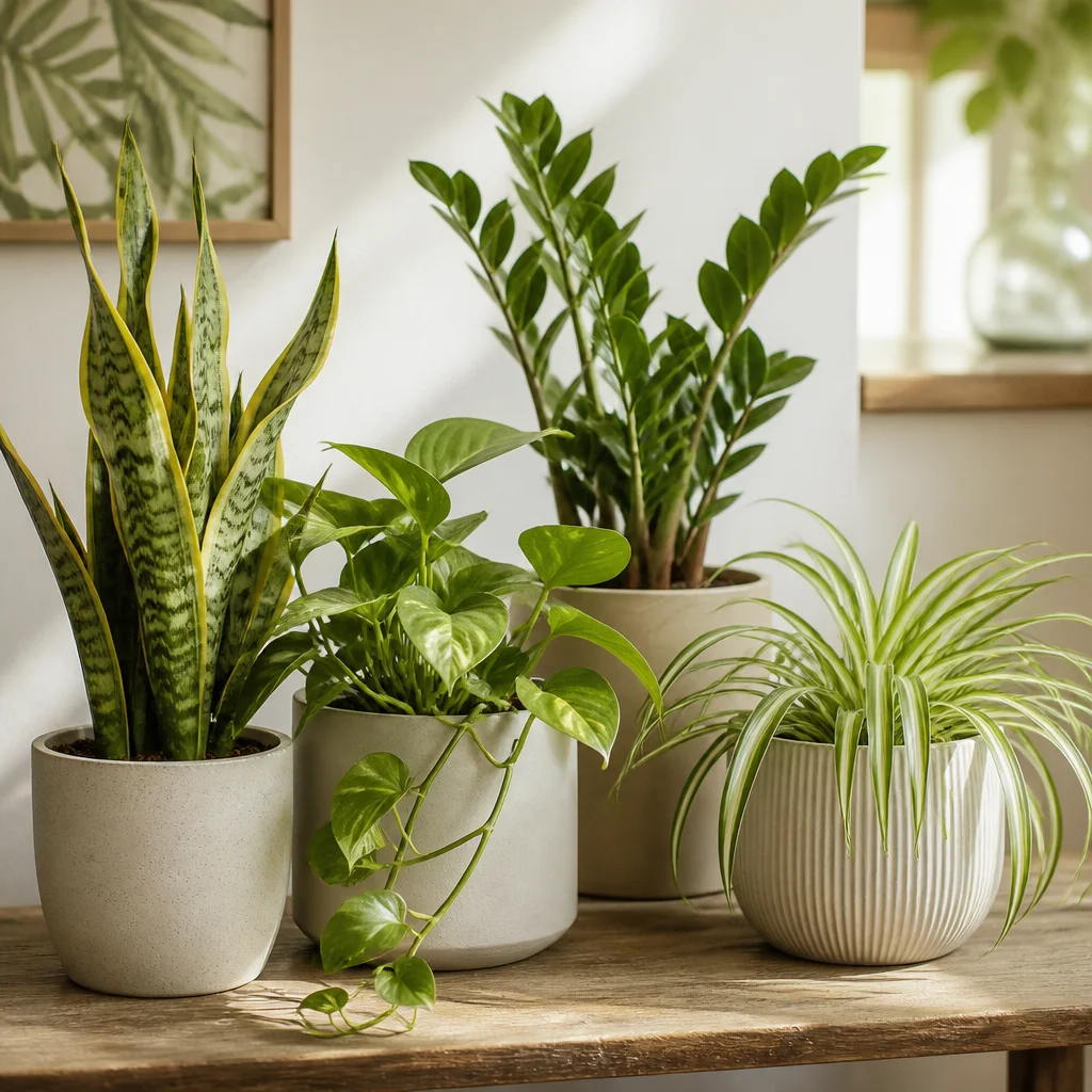 Plusieurs plantes vertes faciles d’entretien réunies dans des pots simples sur un banc