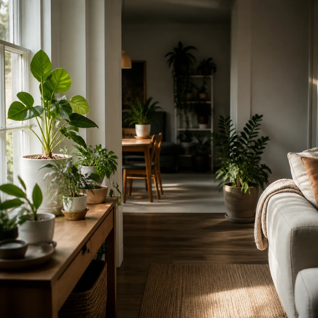 Plantes d’intérieur placées dans des zones plus lumineuses et plus ombragées de la maison pour montrer différents niveaux de lumière