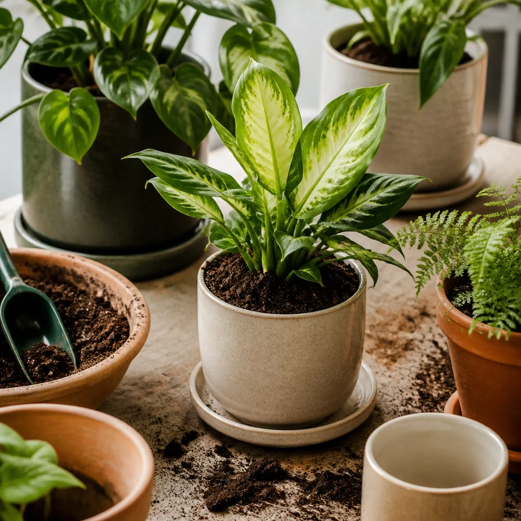 Plantes d’intérieur en pots de culture, cache-pots en céramique et contenants en terre cuite avec du terreau à proximité