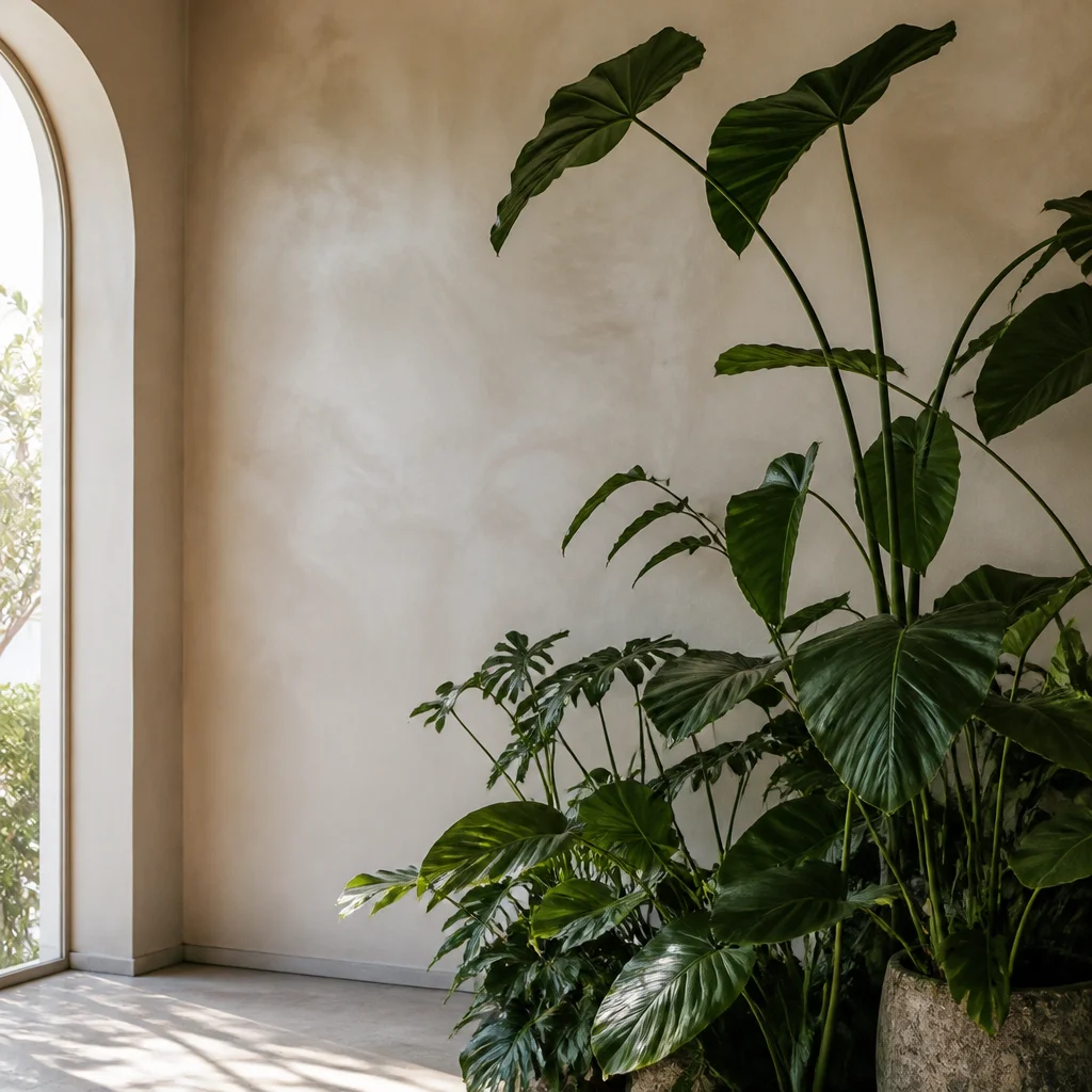 Layered large-leaf plant set against a tall wall