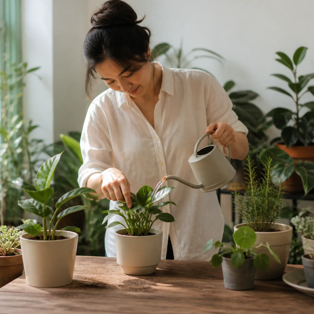 Main vérifiant le terreau d’une plante d’intérieur avant l’arrosage dans un cadre domestique