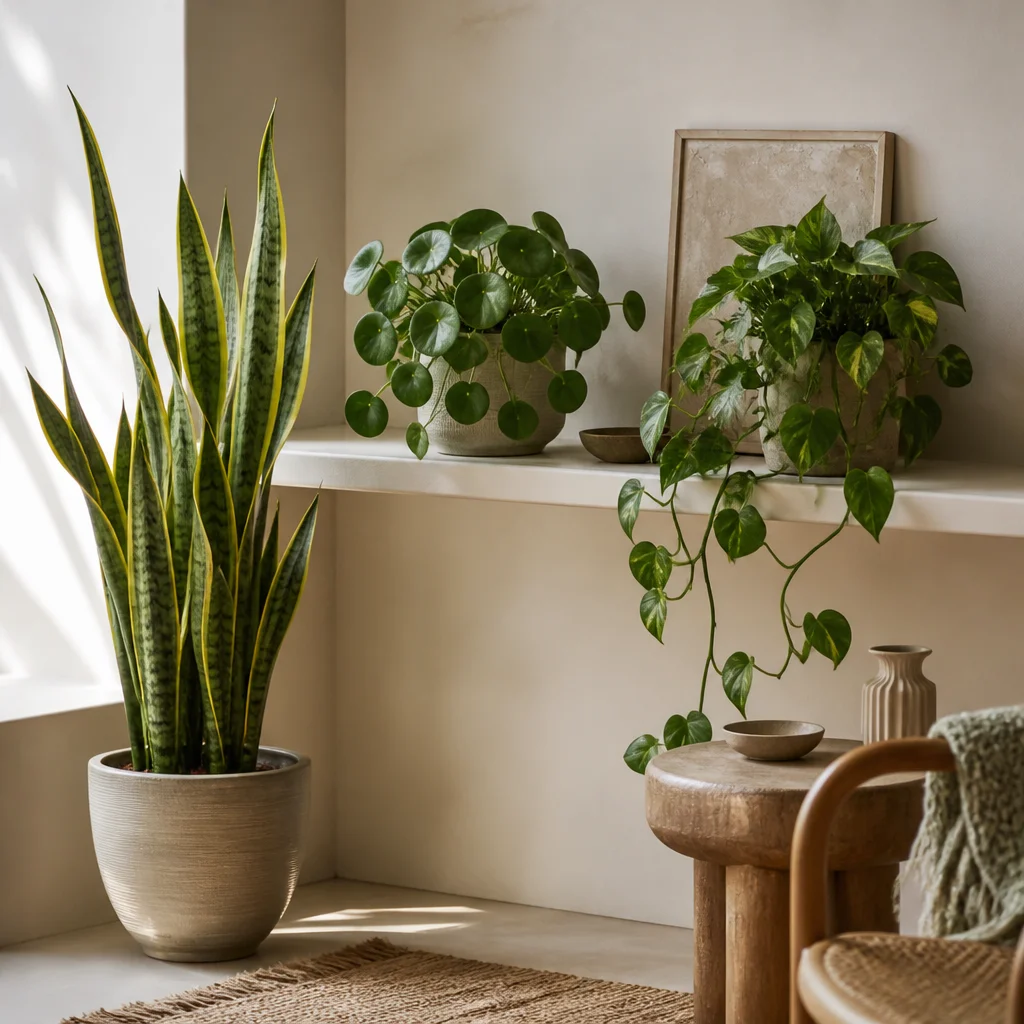 Grande sansevieria, petite plante de table compacte et pothos retombant disposés avec de l’espace entre eux
