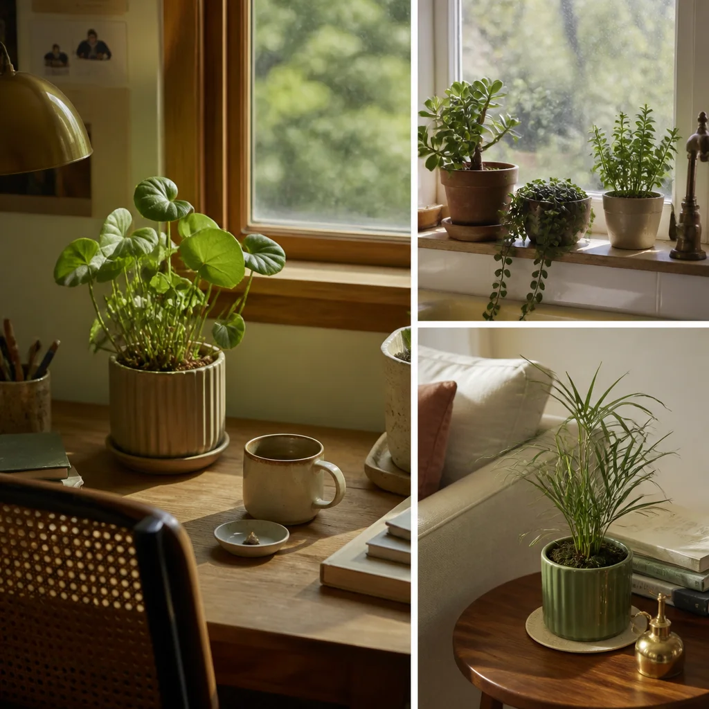 Plantes d’intérieur faciles d’entretien placées sur un bureau, une fenêtre de cuisine et une table d’appoint au salon