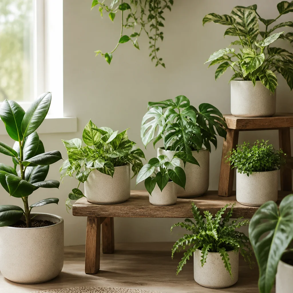 Collection harmonieuse de plantes d’intérieur aux formes variées et aux pots assortis dans un coin lumineux