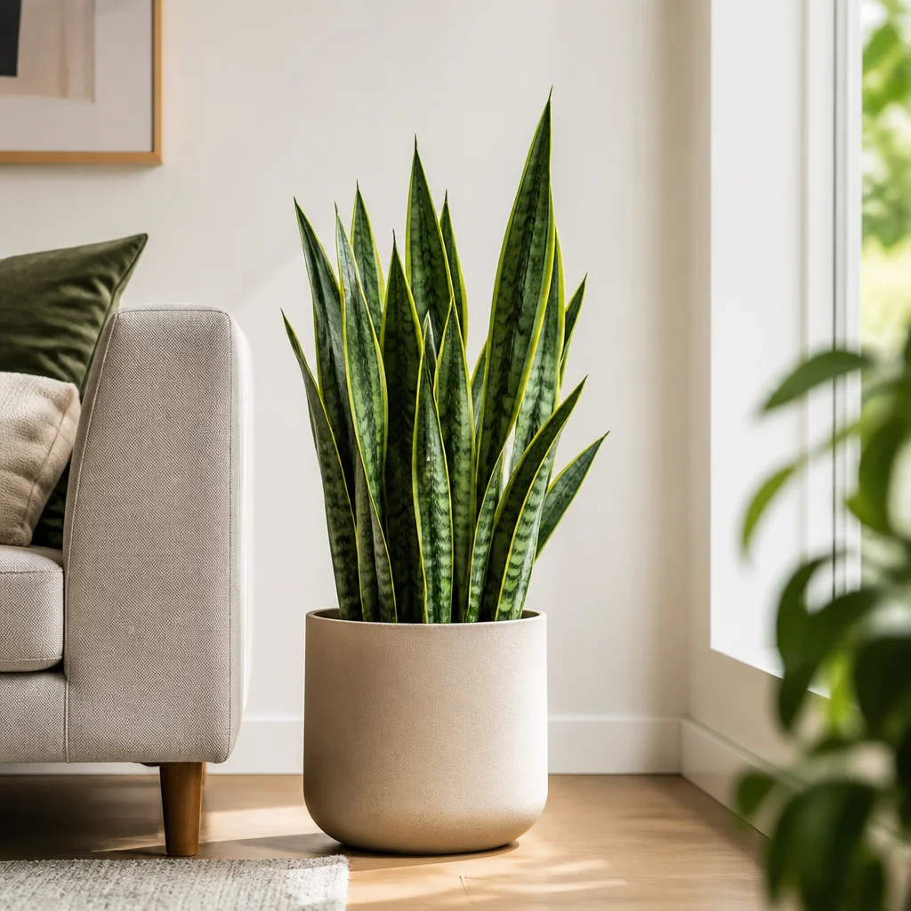 Sansevieria en una maceta de cerámica junto a un sofá