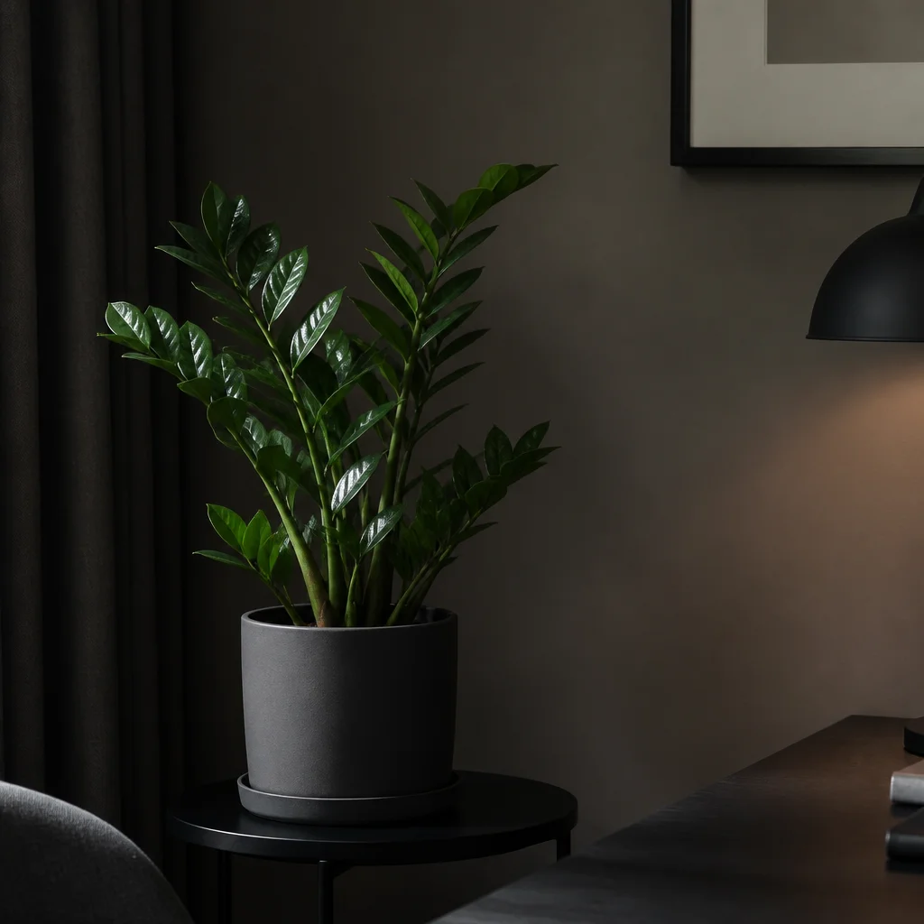 Planta ZZ en una maceta mate sobre una mesa auxiliar