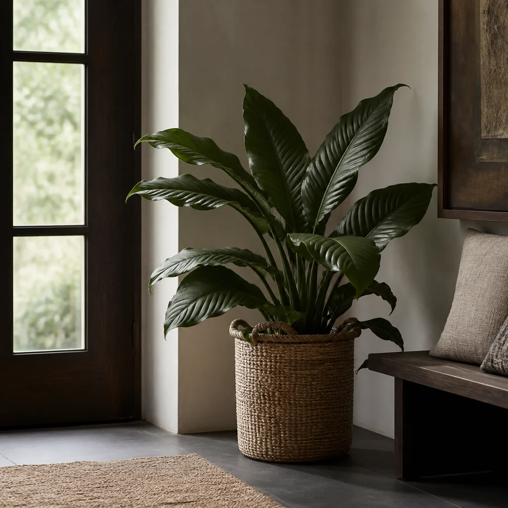 Aspidistra en una cesta tejida en un recibidor con sombra