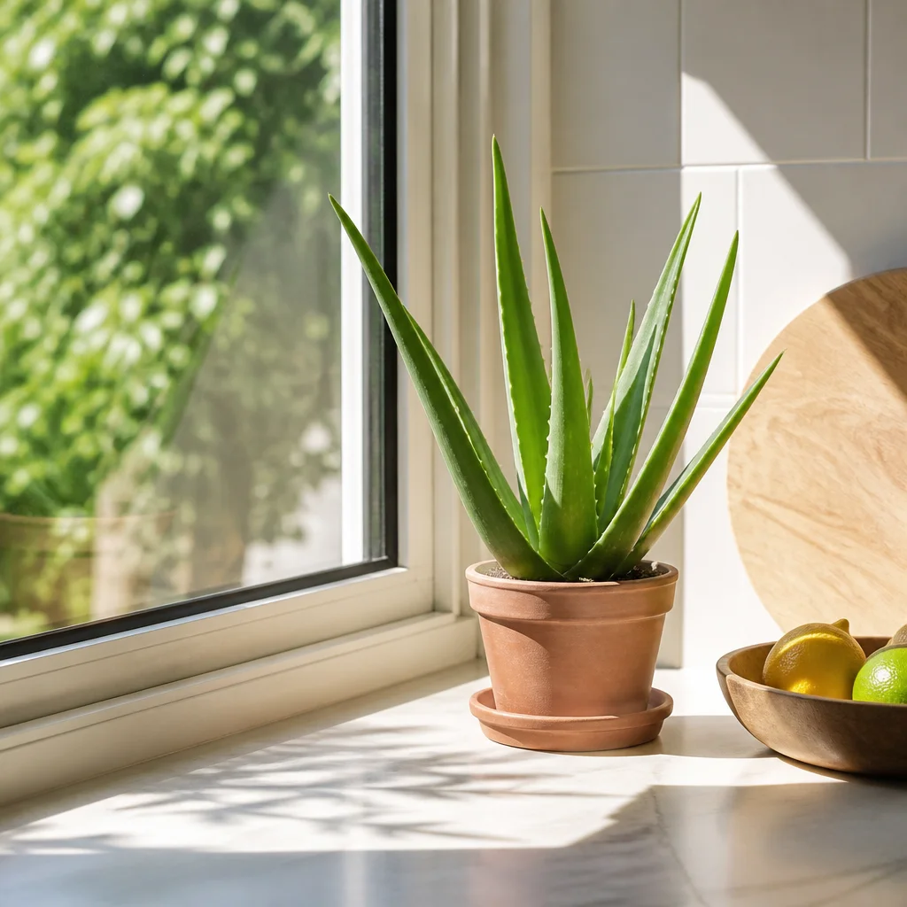 Aloe vera en una maceta de terracota sobre un alféizar soleado