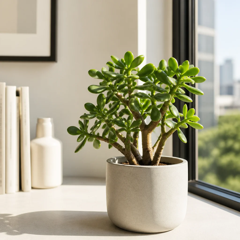 Planta de jade en el alféizar luminoso de una oficina en casa