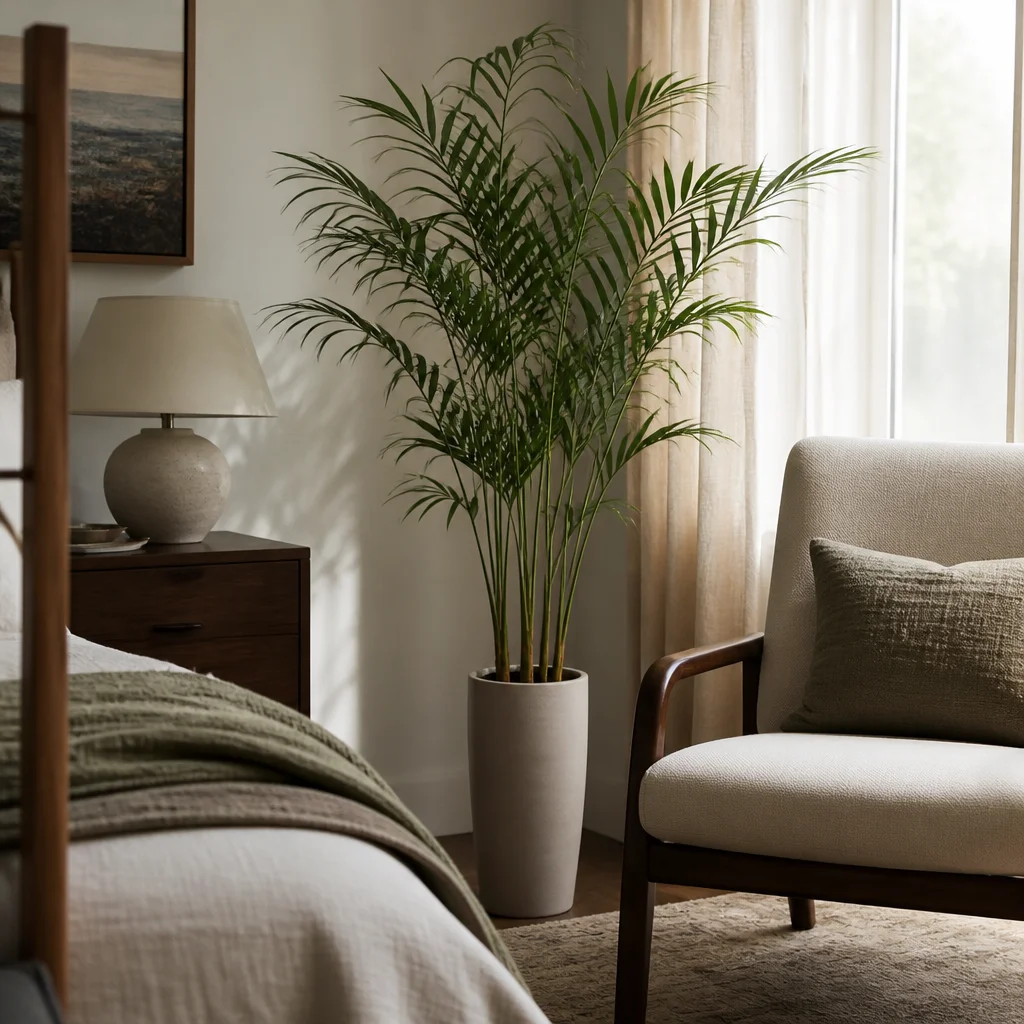 Palmera de salón en una maceta estrecha junto a un sillón