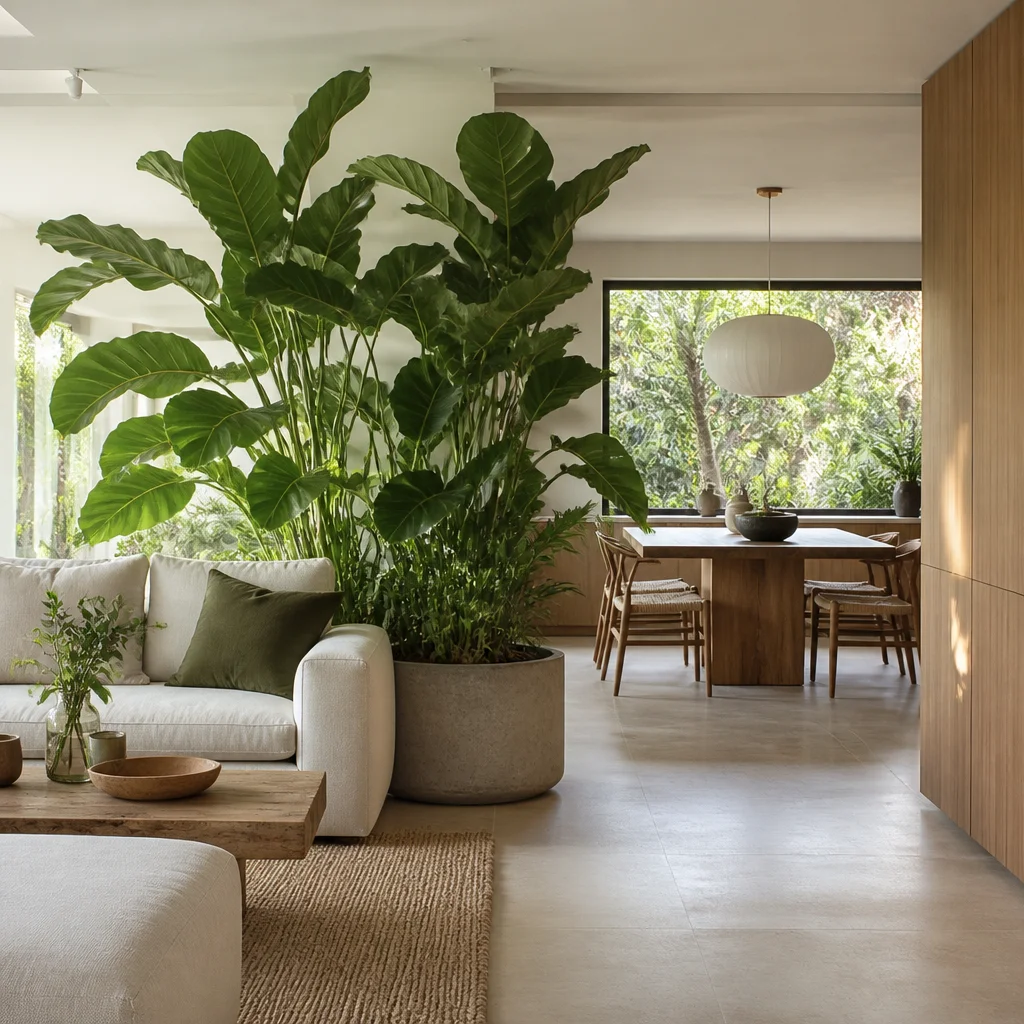 Large-leaf plant dividing living and dining areas